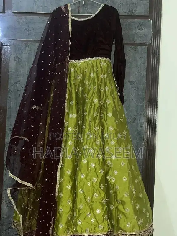 Green Maroon Party Wear Frock with Golden Embroidery and Dupatta
