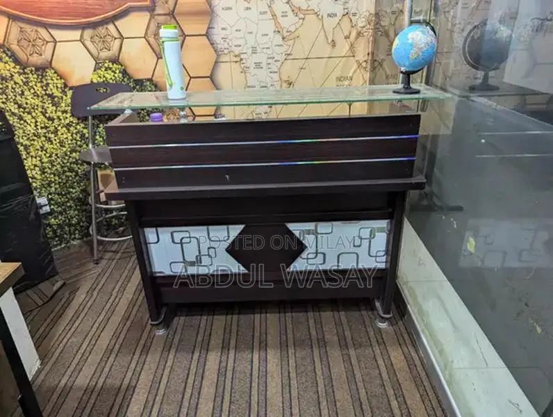 Brown Glass-Top Counter Table with Chairs and Drawers