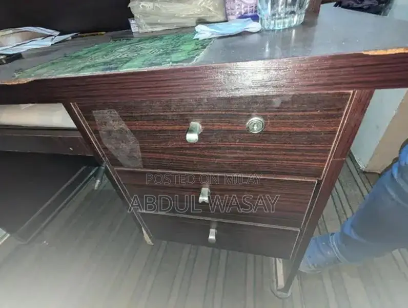 Brown Glass-Top Counter Table with Chairs and Drawers