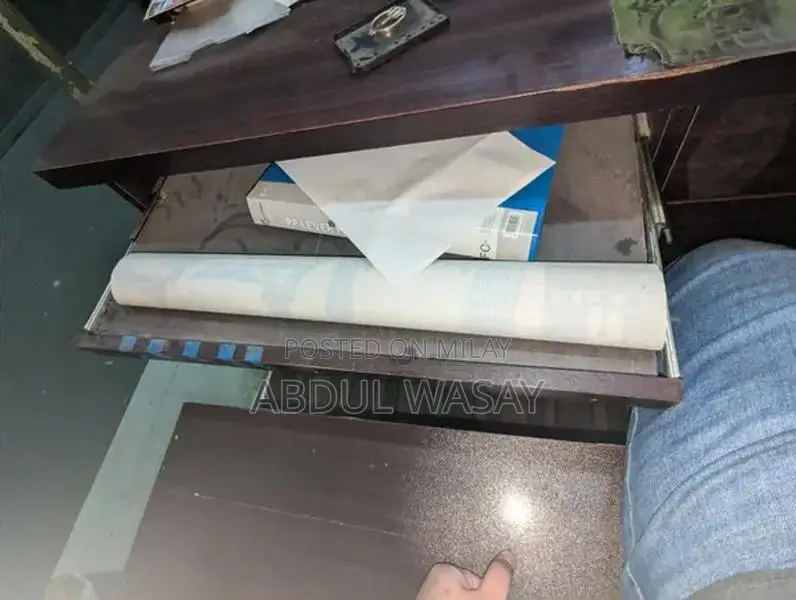 Brown Glass-Top Counter Table with Chairs and Drawers