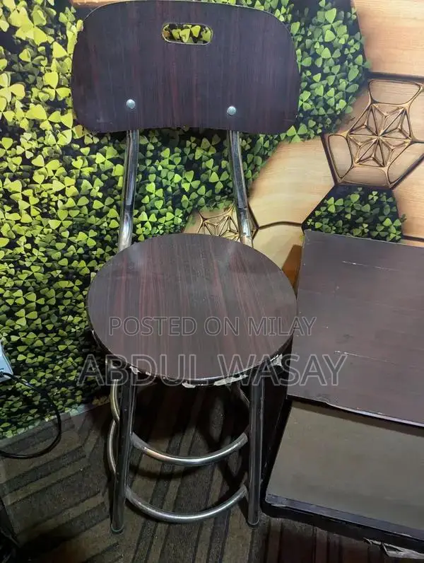 Brown Glass-Top Counter Table with Chairs and Drawers