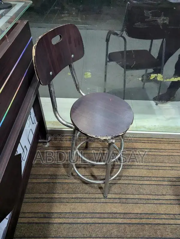 Brown Glass-Top Counter Table with Chairs and Drawers
