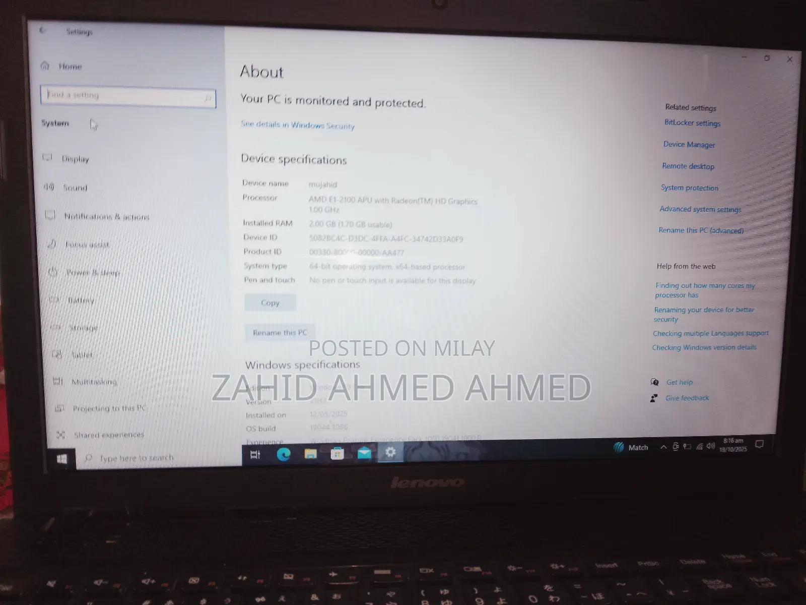 Laptop Lenovo 4GB HDD+SSD 72GB