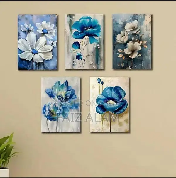 Set of 5 Blue Floral Wall Art Frames - Modern Home Decor