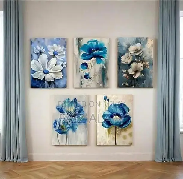 Set of 5 Blue Floral Wall Art Frames - Modern Home Decor