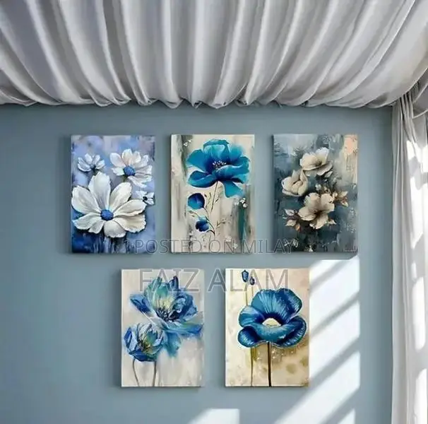 Set of 5 Blue Floral Wall Art Frames - Modern Home Decor