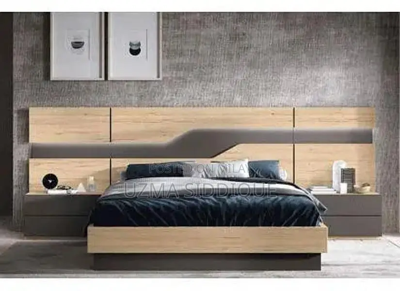 Modern King Size Bed with Geometric Headboard and Side Tables