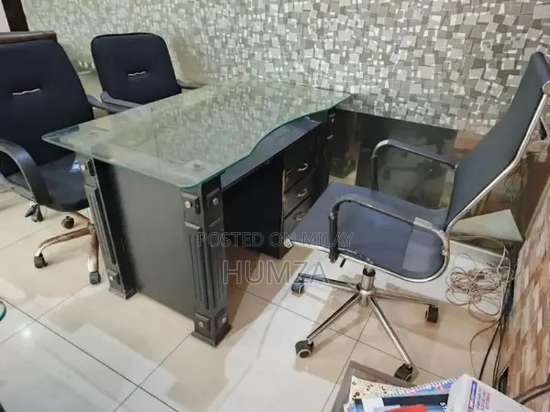 Office Furniture Set with Tables, Chairs, Glass Cabins, and Extras