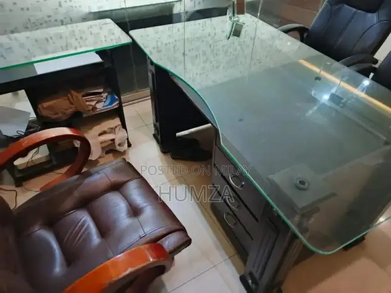 Office Furniture Set with Tables, Chairs, Glass Cabins, and Extras