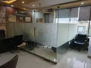 Office Furniture Set with Tables, Chairs, Glass Cabins, and Extras