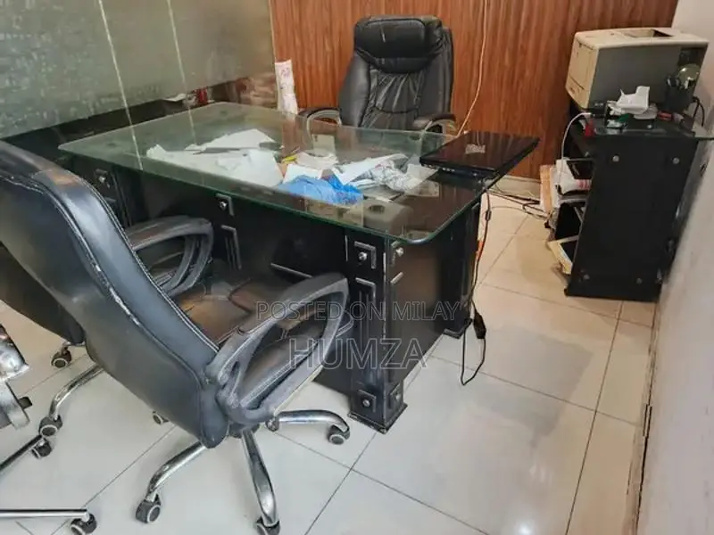 Office Furniture Set with Tables, Chairs, Glass Cabins, and Extras