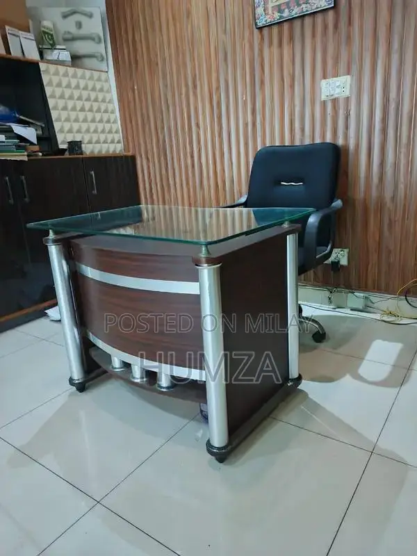 Office Furniture Set with Tables, Chairs, Glass Cabins, and Extras