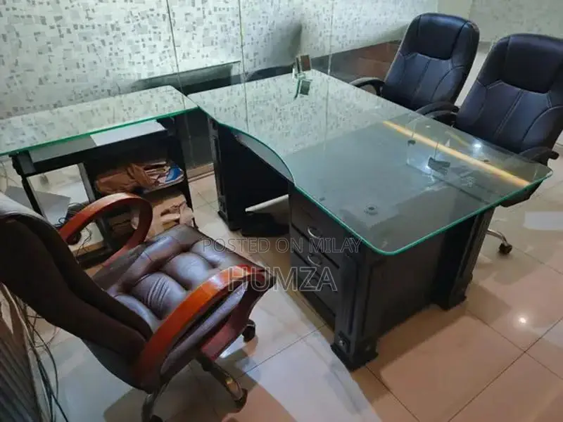 Office Furniture Set with Tables, Chairs, Glass Cabins, and Extras