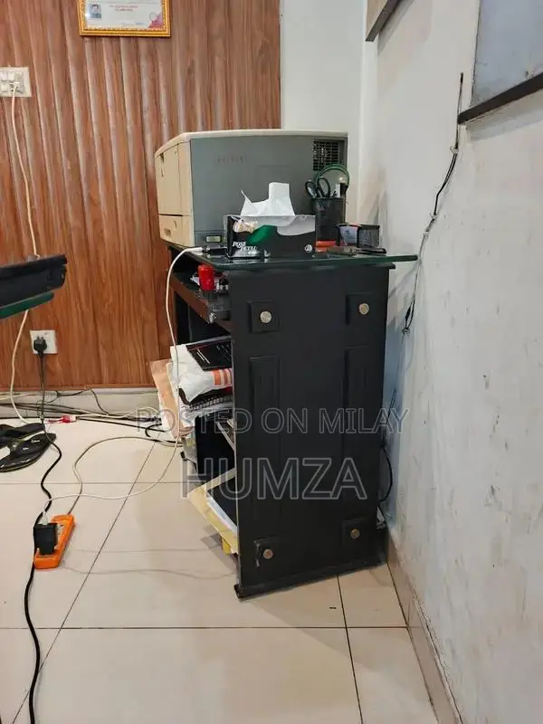 Office Furniture Set with Tables, Chairs, Glass Cabins, and Extras