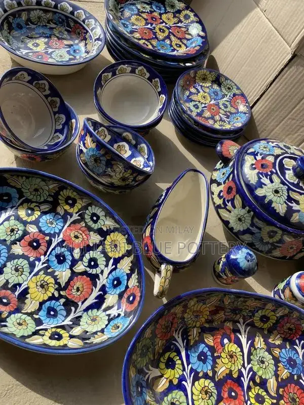 Handmade Blue Pottery 48-Piece Dinner Set for 6 Persons