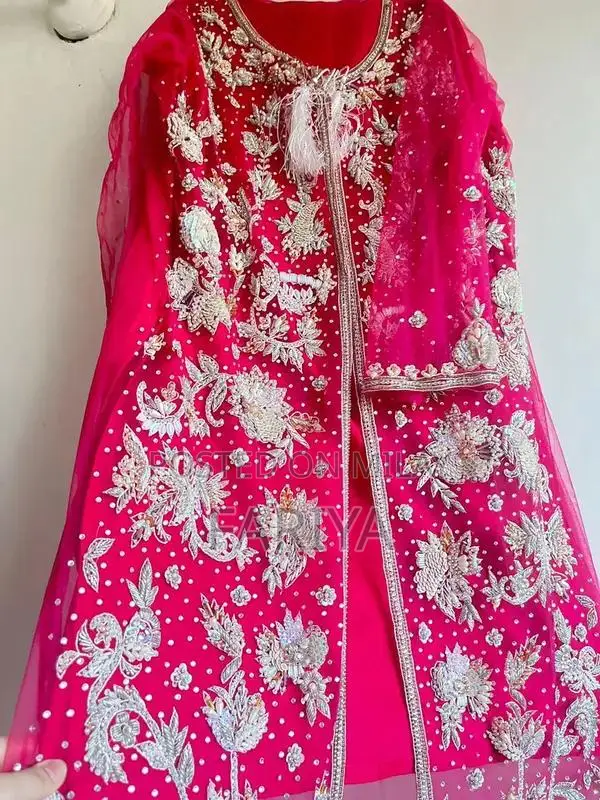 Hot Pink Formal Silk Net Dress with Silver Heavy Work