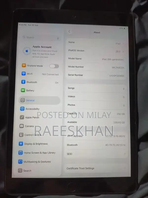 Apple iPad 9th Generation Tablet - 256GB Storage