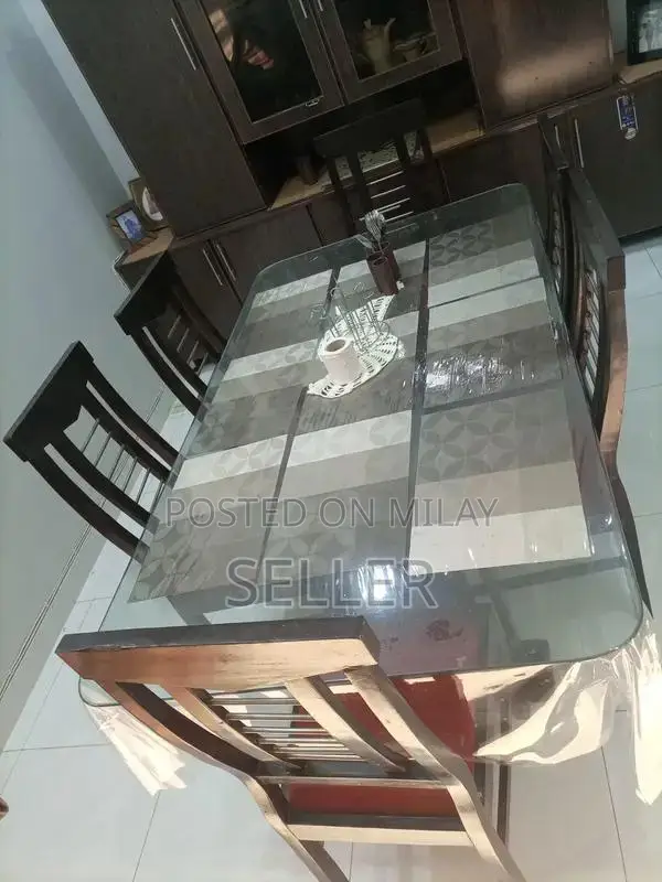 Glass Dining Table Set with Six Upholstered Chairs