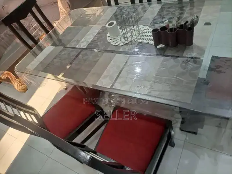 Glass Dining Table Set with Six Upholstered Chairs
