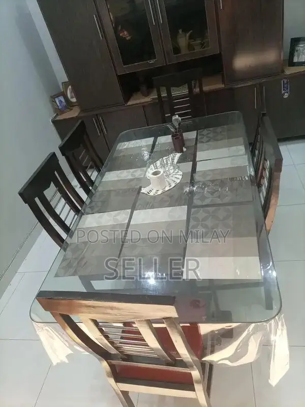 Glass Dining Table Set with Six Upholstered Chairs