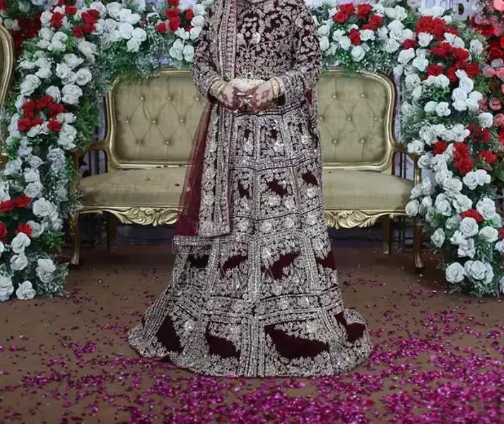Elegant Velvet Bridal Lehnga with Full Hand Embroidery - Blood Red