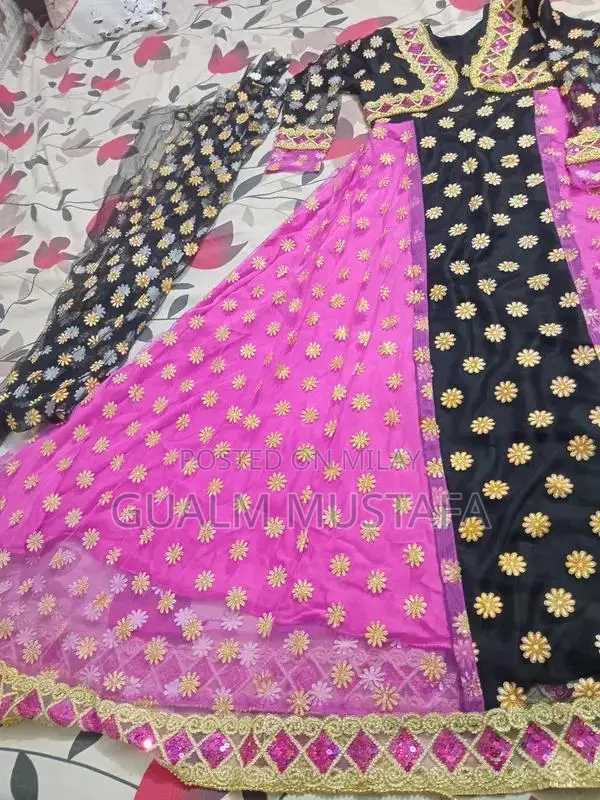 Women's Embroidered Long Frock with Dupatta - Pink and Black