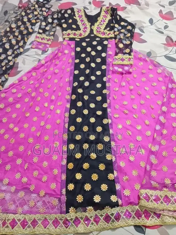 Women's Embroidered Long Frock with Dupatta - Pink and Black
