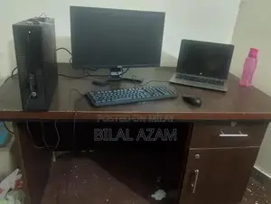 Brown and White Office Table with Gaming Chair