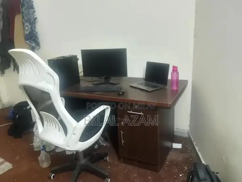 Brown and White Office Table with Gaming Chair