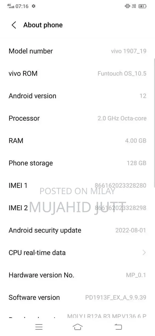 Vivo Mid-Range Smartphone 4GB RAM 128GB Storage