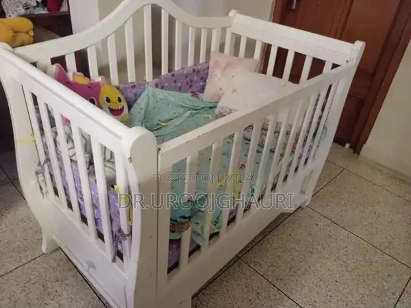 Wooden Baby Cot with Mattress and Drawers