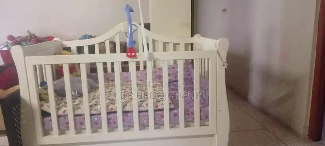 Wooden Baby Cot with Mattress and Drawers