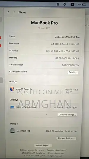 Apple MacBook Pro 15-inch Laptop i9 Processor 32GB RAM