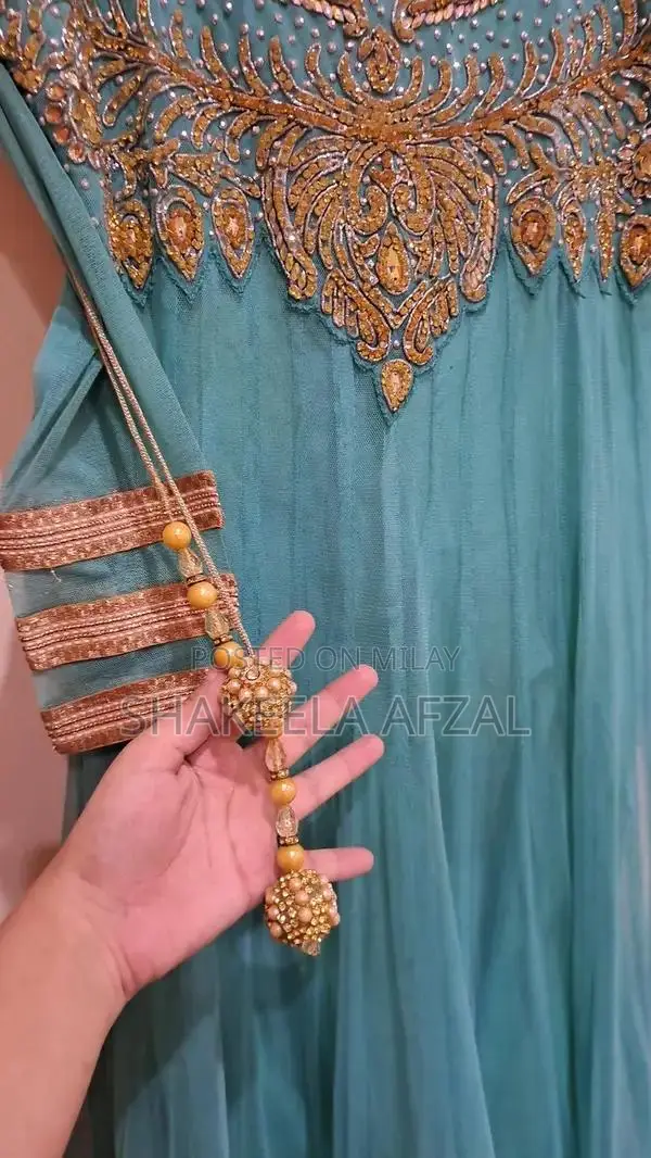 Elegant Net Long Flare Frock with Pearl Embellishments