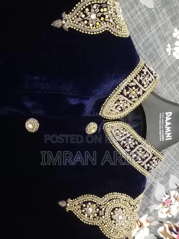 Blue Velvet Sherwani with Heavy Dabka Embroidery and Traditional Acces