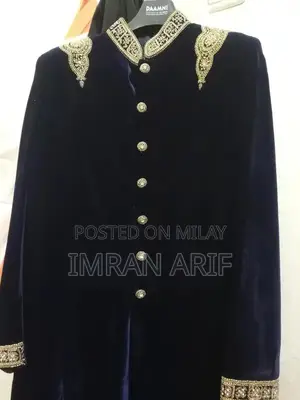 Blue Velvet Sherwani with Heavy Dabka Embroidery and Traditional Acces