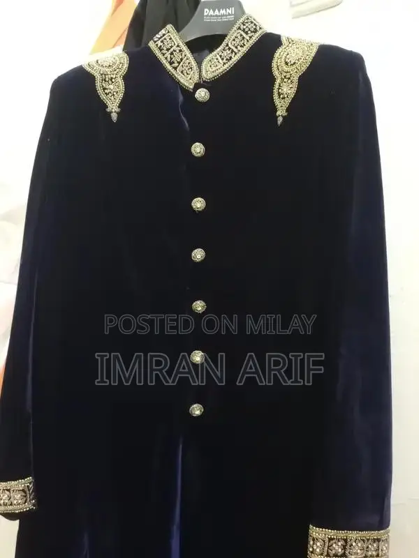 Blue Velvet Sherwani with Heavy Dabka Embroidery and Traditional Acces