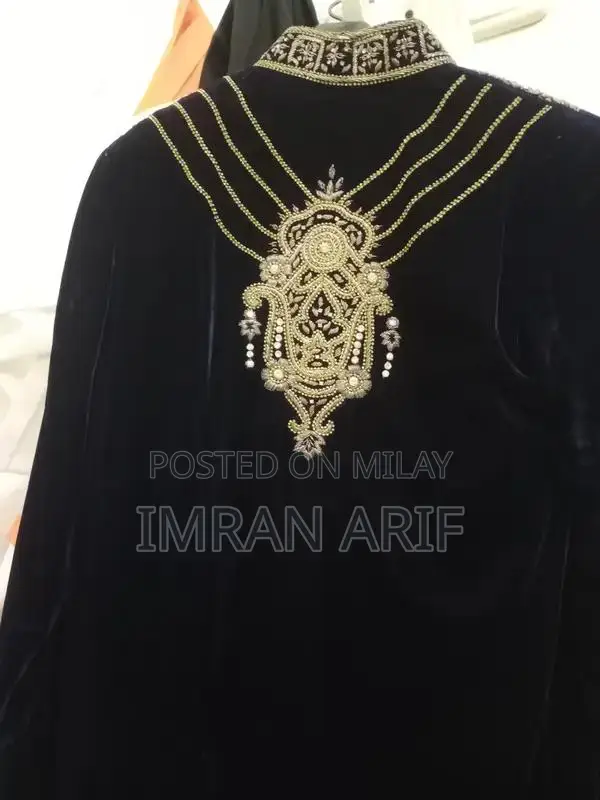 Blue Velvet Sherwani with Heavy Dabka Embroidery and Traditional Acces