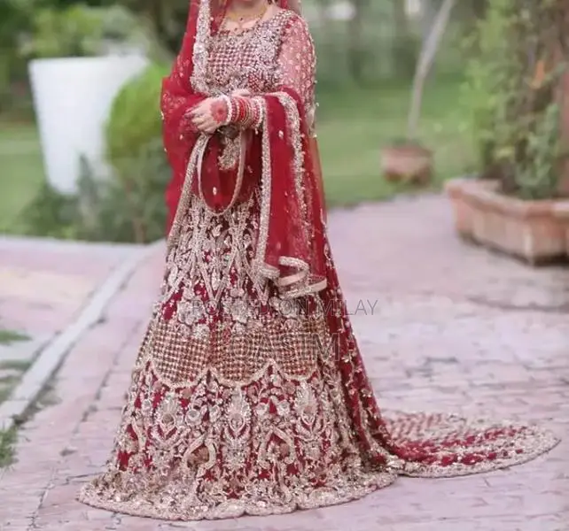 Maroon Net Bridal Wedding Dress with Cancan Customized Design