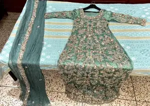 Elegant Ferozi Blue-Green HSY-Inspired Bridal Maxi Gown