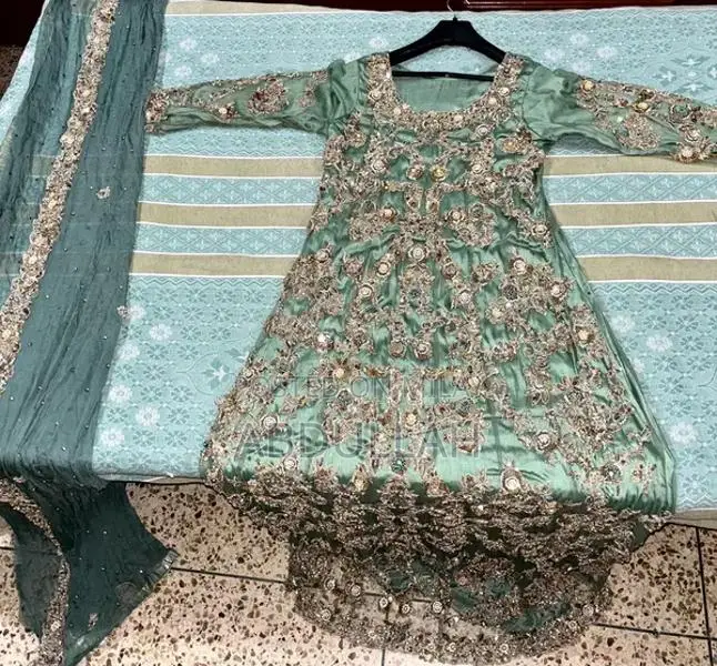 Elegant Ferozi Blue-Green HSY-Inspired Bridal Maxi Gown