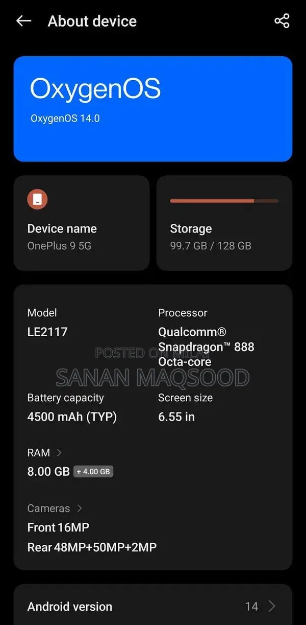 OnePlus 9 Smartphone with 120GB Storage and Functional Components