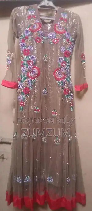 Elegant Net Fabric Three-Piece Frock with Detailed Motif Work