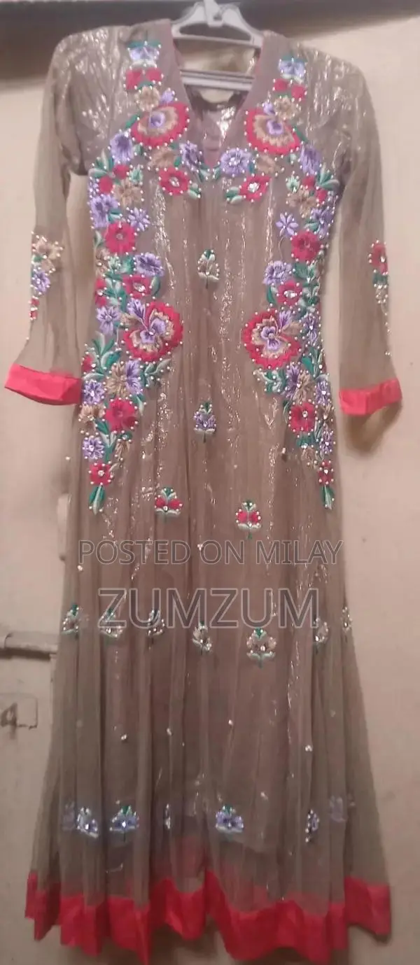 Elegant Net Fabric Three-Piece Frock with Detailed Motif Work