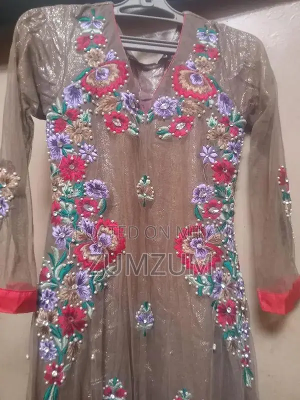 Elegant Net Fabric Three-Piece Frock with Detailed Motif Work