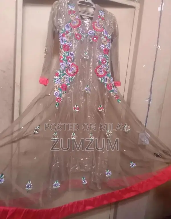 Elegant Net Fabric Three-Piece Frock with Detailed Motif Work