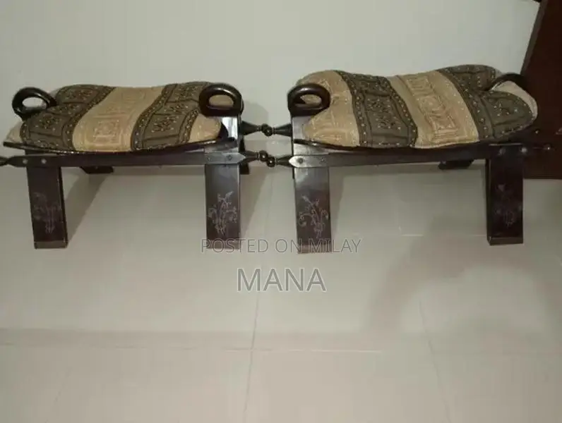 Vintage Sheesham Wood Camel Saddle Seat with Brass Carving