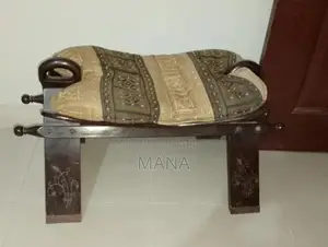 Vintage Sheesham Wood Camel Saddle Seat with Brass Carving