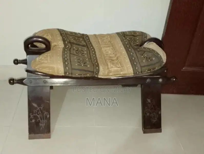 Vintage Sheesham Wood Camel Saddle Seat with Brass Carving