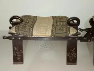 Vintage Sheesham Wood Camel Saddle Seat with Brass Carving